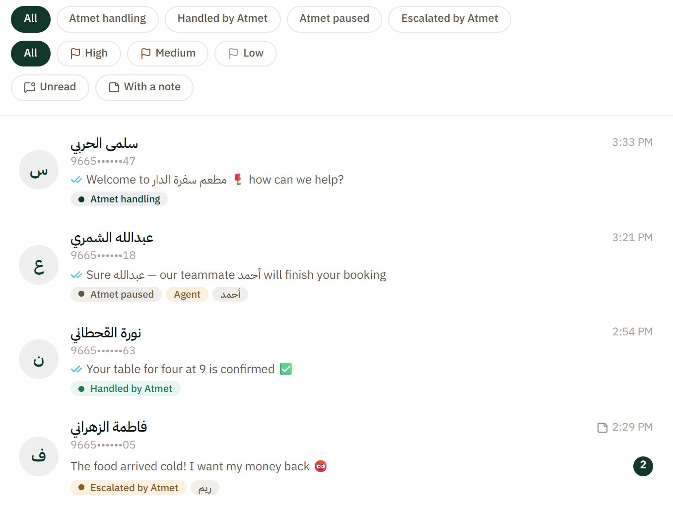 A restaurant's conversations inbox in the dashboard: customer chats with their labels, a booking assigned to a teammate and a complaint escalated by ATMET to the team